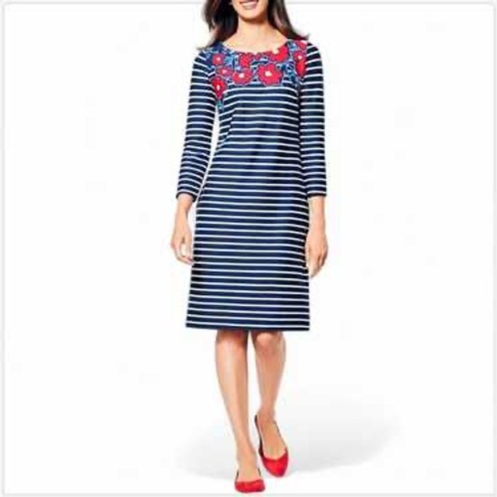 Talbots‎ Women's Striped Floral Applique 3/4 Sleeve Sheath Dress